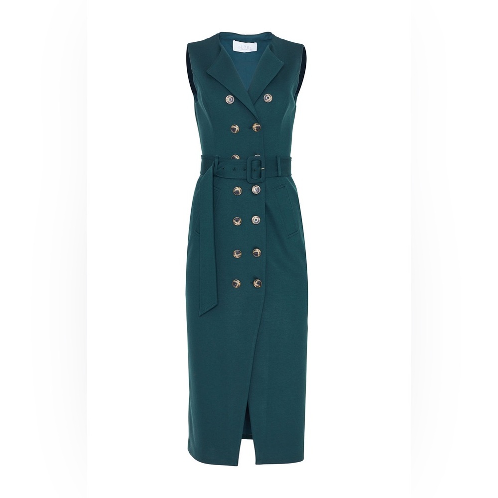 Sleeveless Double-Breasted Midi Dress with Belt - Teal